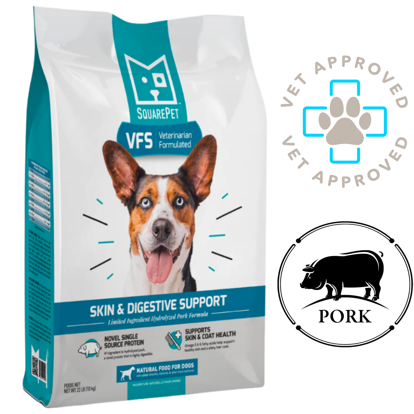SquarePet skin and digestive dog food in a 20 lb bag with pork for sensitive dogs