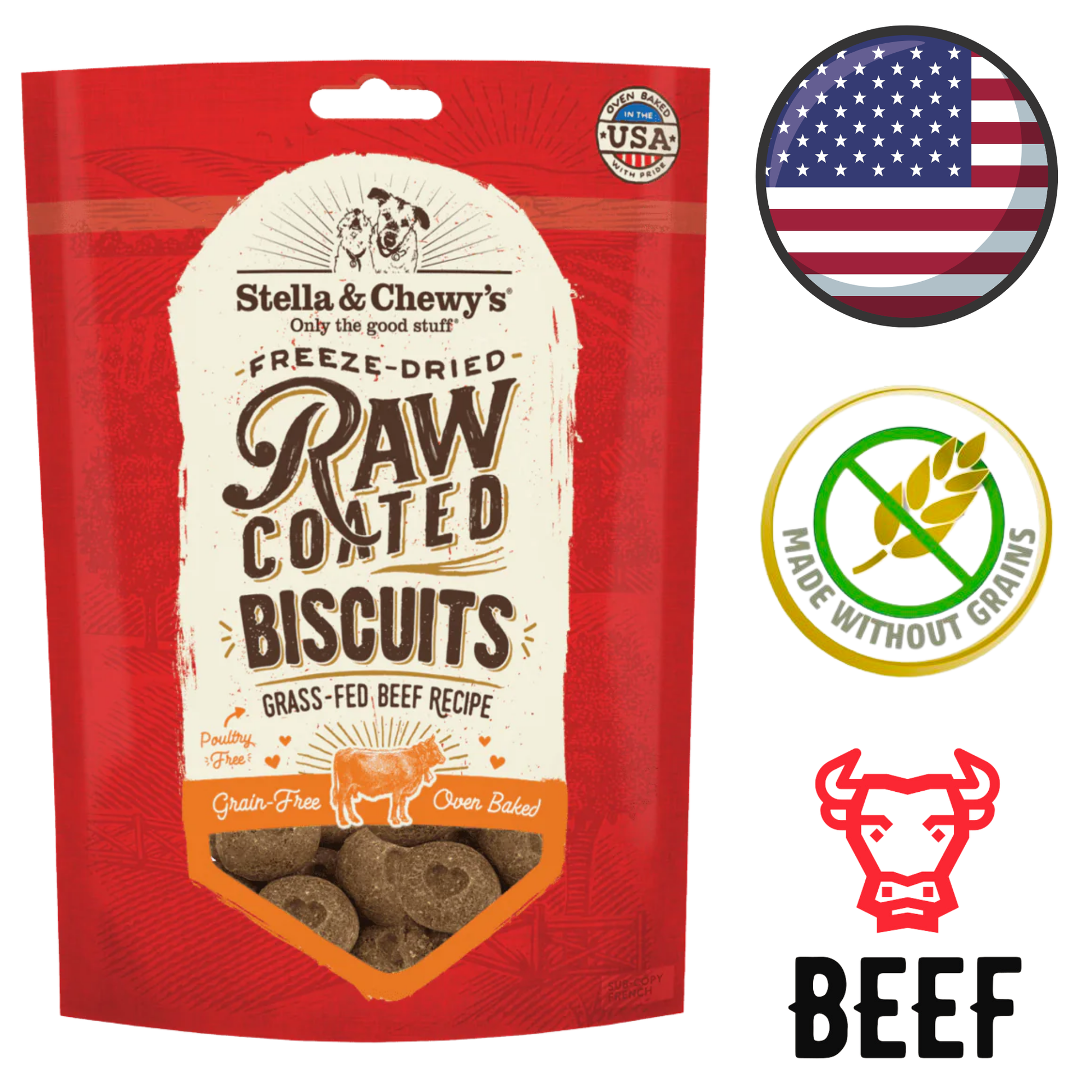 Stella & Chewys beef raw coated biscuits dog treats grain free freeze dried oven baked