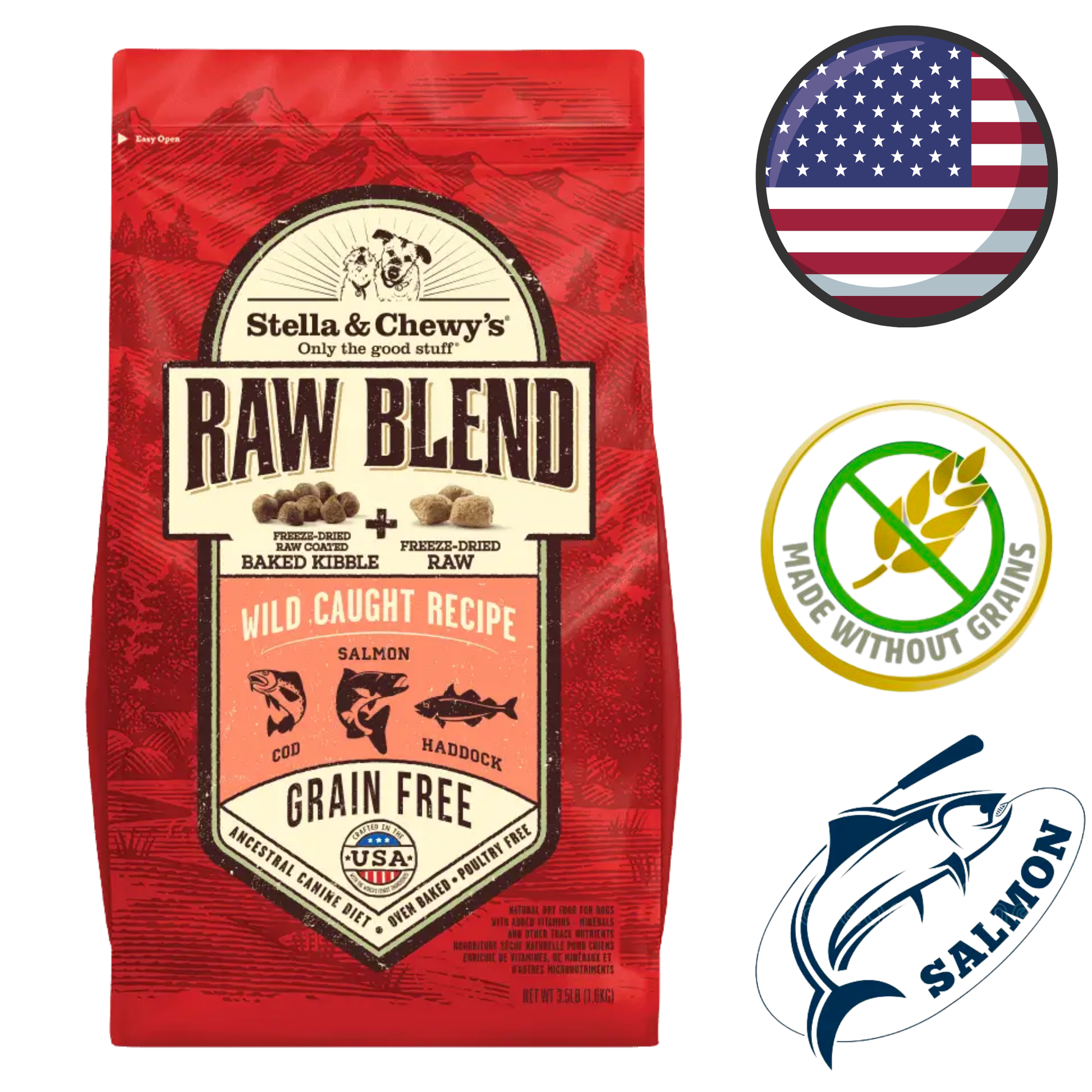 Stella & Chewys grain free fish raw blend kibble dog food in red bag with wild caught salmon cod haddock