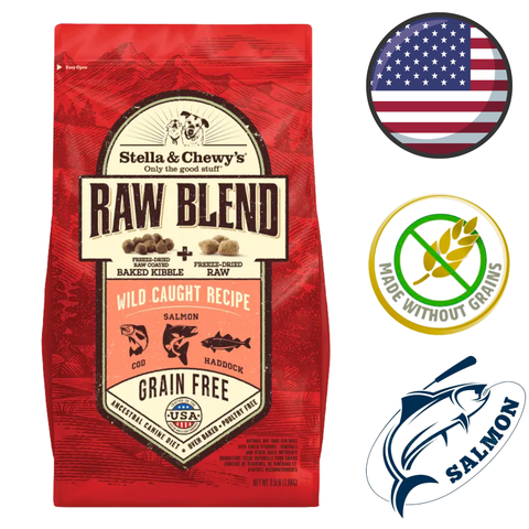 Stella & Chewys grain free fish raw blend kibble dog food in red bag with wild caught salmon cod haddock