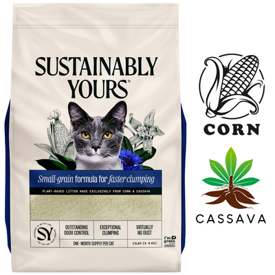 Sustainably Yours small-grain cat litter in 31 lb bag with corn and cassava ingredients for exceptional clumping