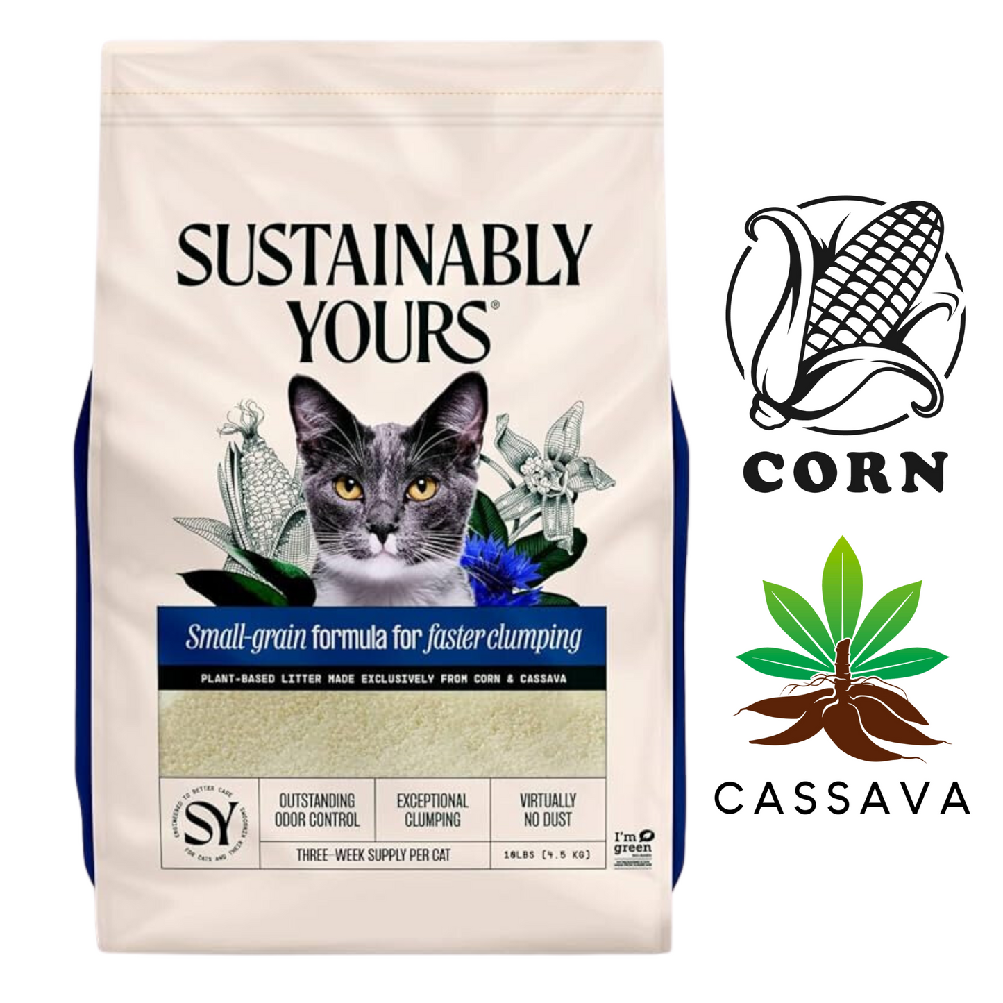 Sustainably Yours small-grain cat litter bag featuring a plant-based formula for better clumping and low dust