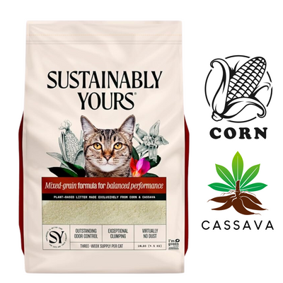 Sustainably Yours sustainable mixed-grain cat litter featuring corn and cassava for exceptional clumping