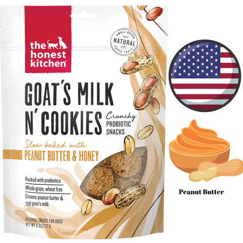 The Honest Kitchen peanut butter honey dog biscuits goat's milk crunchy probiotic treats in resealable bag