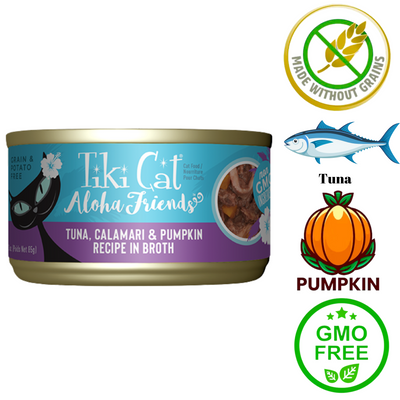Tiki Cat Aloha Friends tuna calamari pumpkin canned cat food in broth grain and potato free GMO free