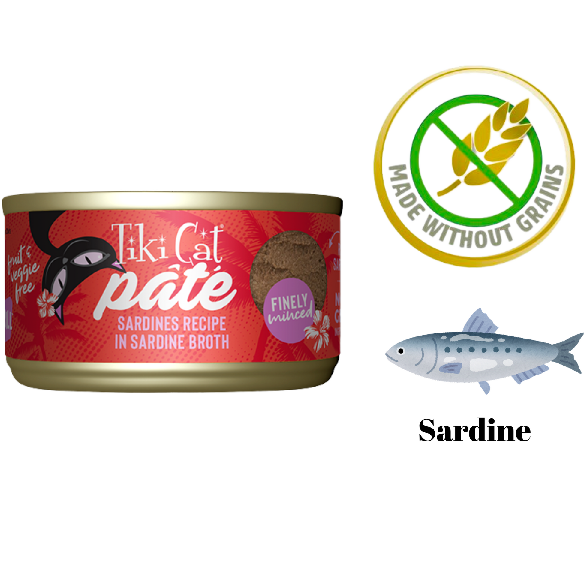 Tiki Cat sardine broth pate cat food can with grain-free label and sardine illustration