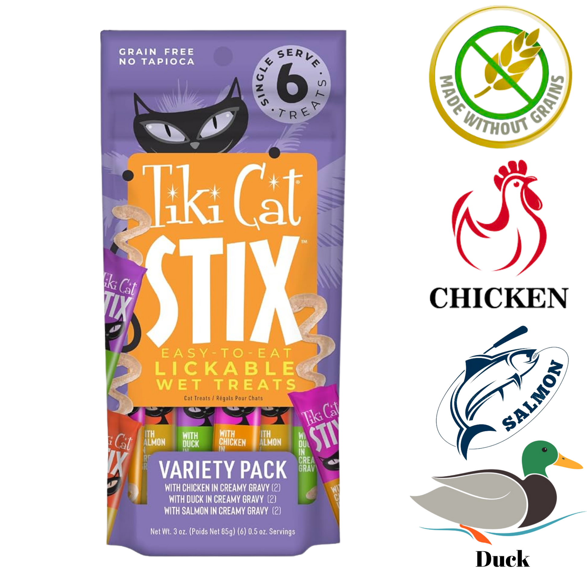 Tiki Cat Stix wet cat treats variety pack with chicken duck and salmon flavors in creamy gravy