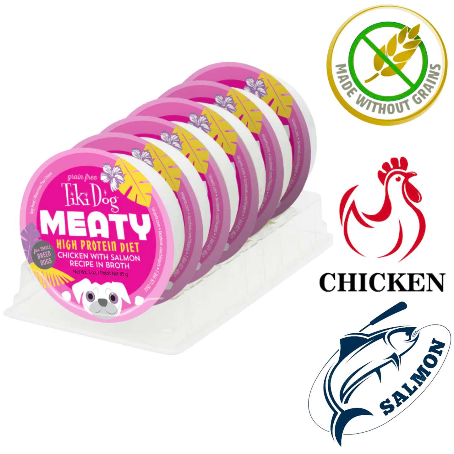 Tiki Dog chicken and salmon broth dog food wet meals in purple packaging with high protein and grain-free icons