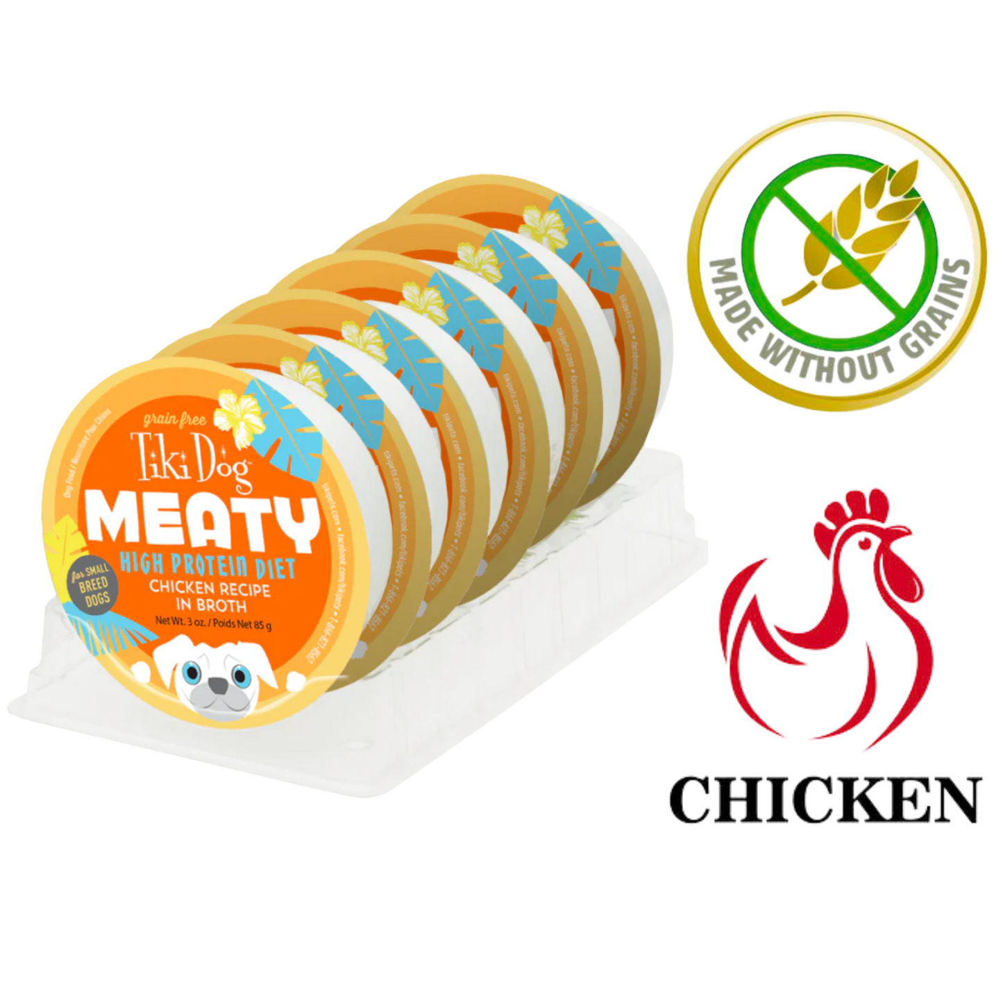 Tiki Dog chicken broth dog food wet food trays with high protein diet and grain free label
