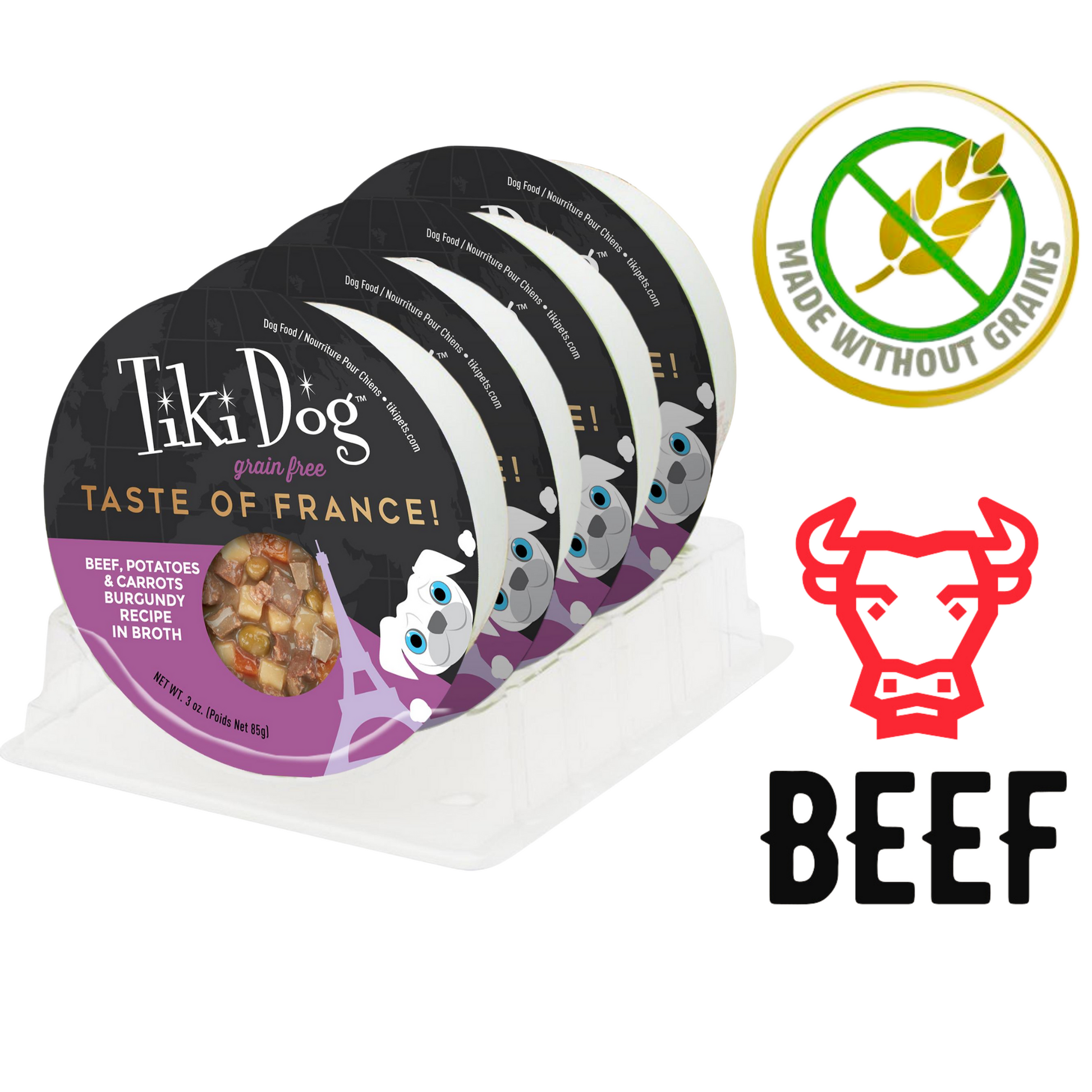 Tiki dog france beef wet dog food grain free beef potatoes and carrots in broth pack of four trays