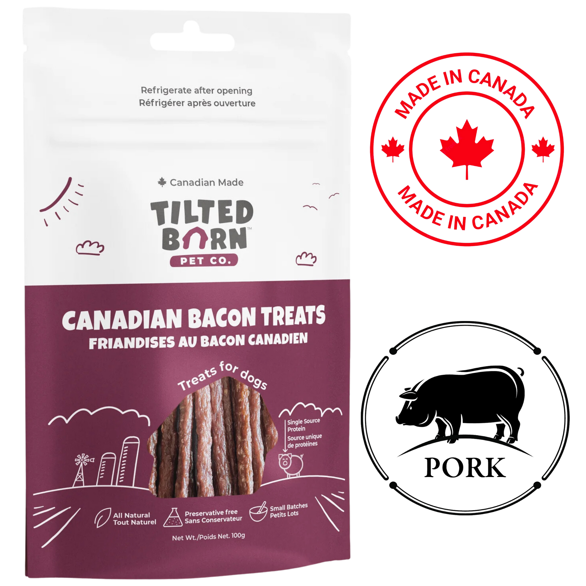 Tilted Barn Canadian Bacon Dog Treats in a resealable package made from all-natural ingredients