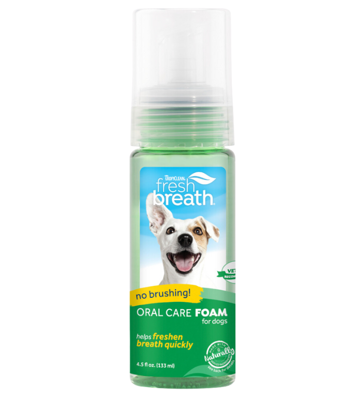 Tropiclean dog oral care foam bottle with fresh breath formula for dogs no brushing needed