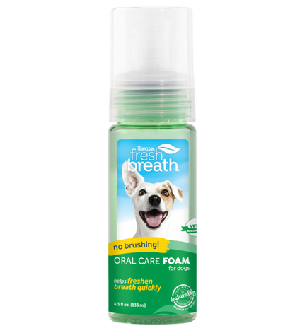 Tropiclean dog oral care foam bottle with fresh breath formula for dogs no brushing needed