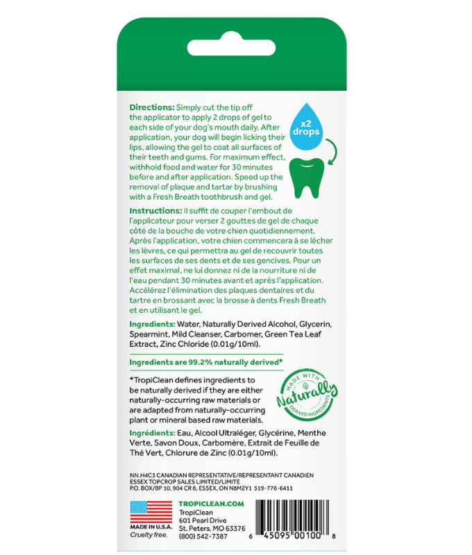 TropiClean dog teeth cleaning gel with natural ingredients and clear usage directions on the back label