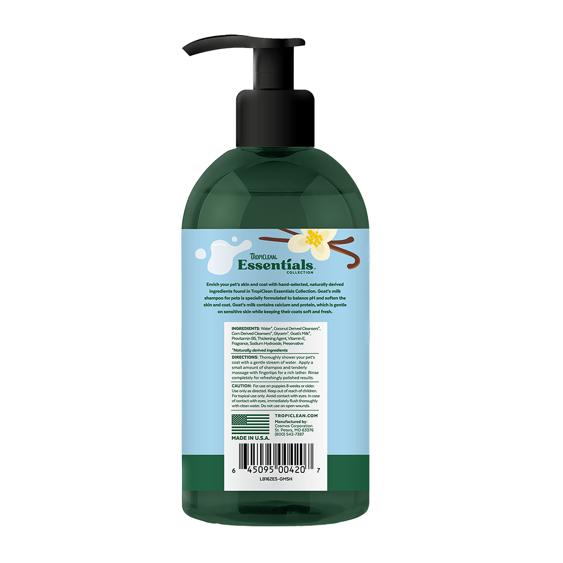 TropiClean goat milk pet shampoo bottle for dog and cat grooming with pump dispenser