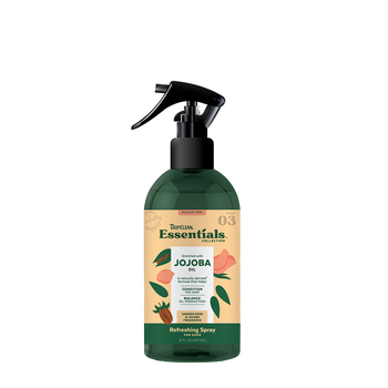 TropiClean Jojoba Oil Dog Spray in a green bottle for dog grooming and refreshment