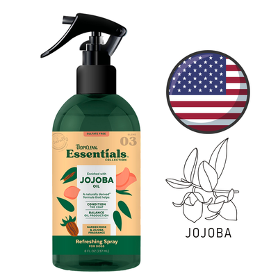 TropiClean Jojoba Oil Dog Spray in a green bottle for easy grooming and hydration