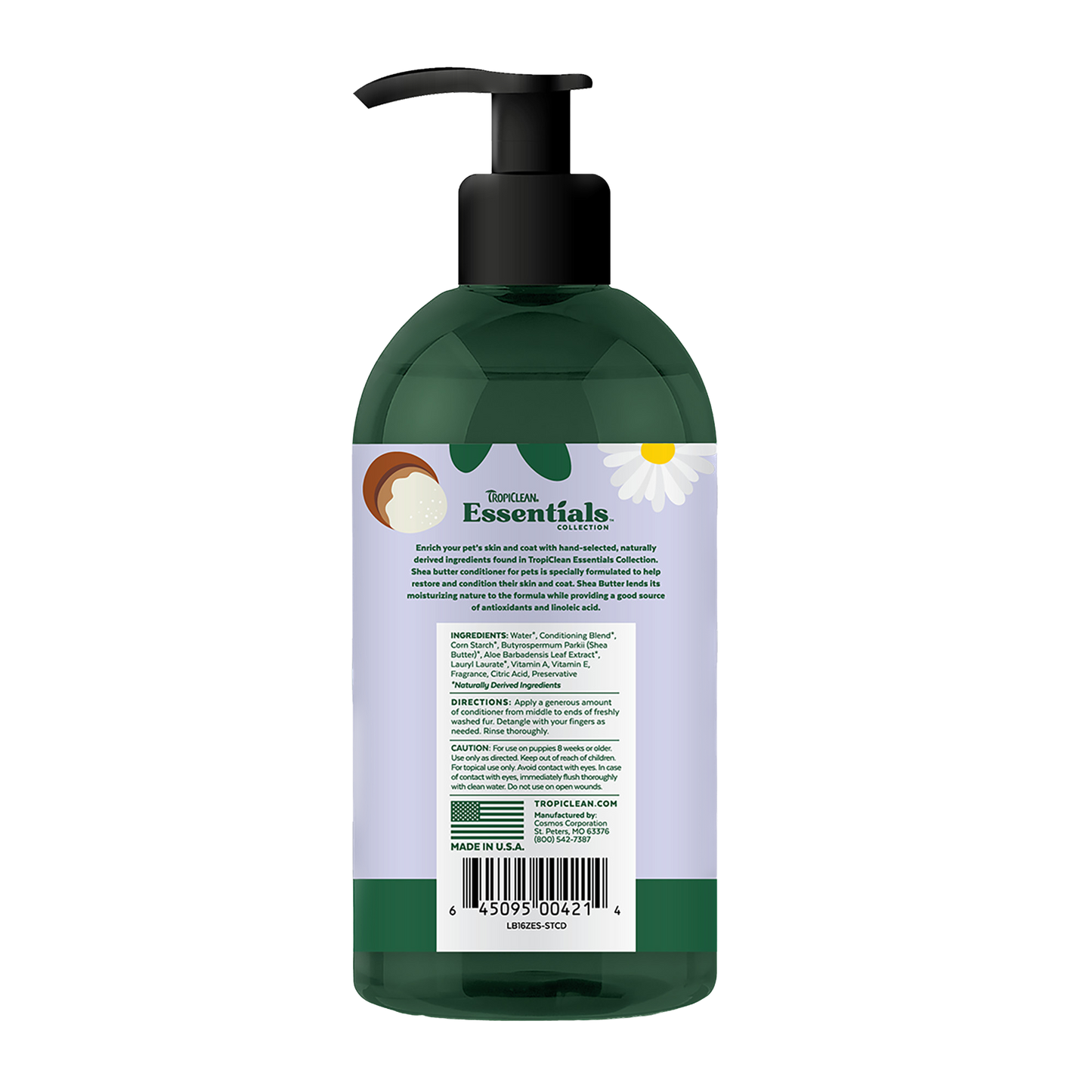 Back view of TropiClean Shea Butter chamomile Conditioner bottle with ingredient and usage details