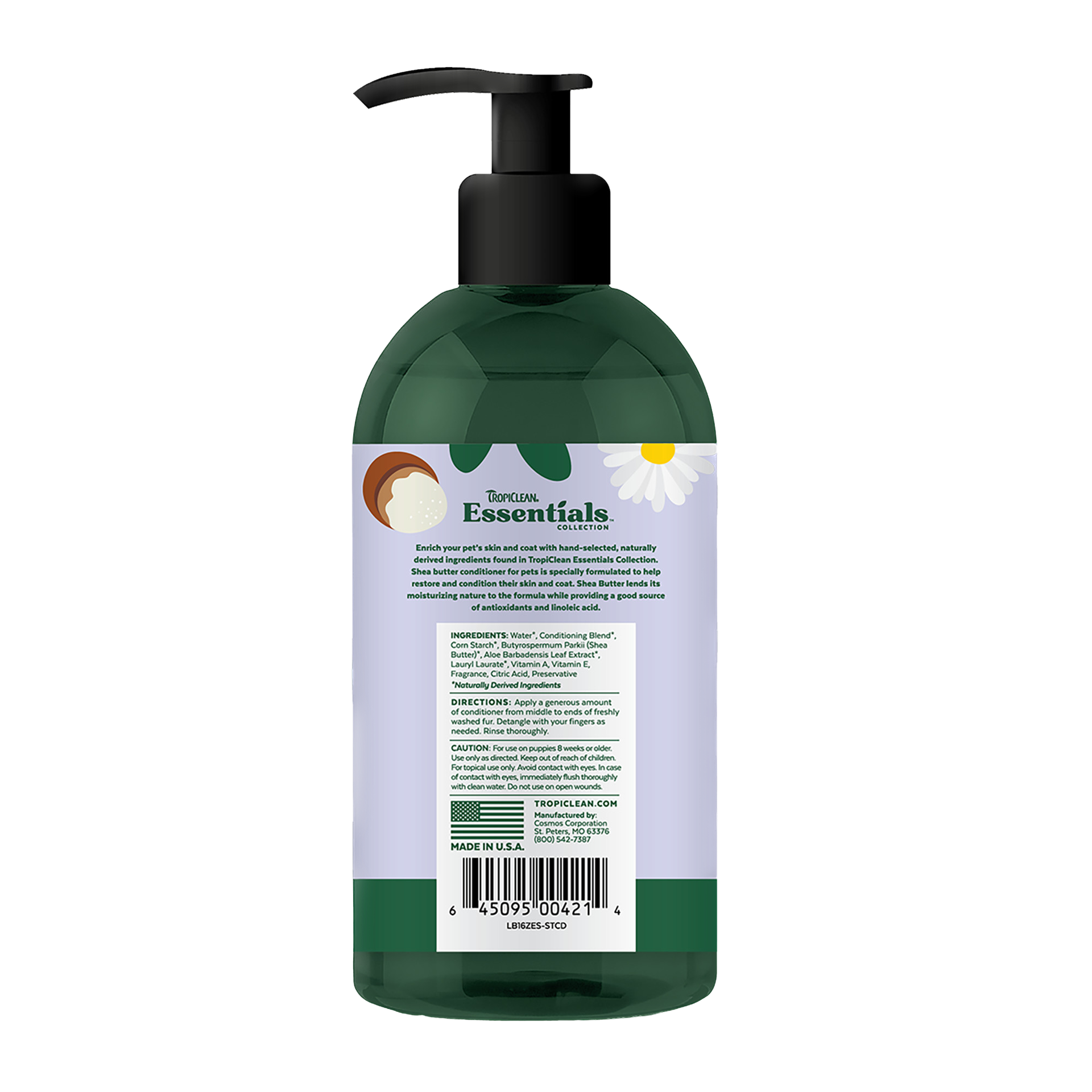 Back view of TropiClean Shea Butter chamomile Conditioner bottle with ingredient and usage details