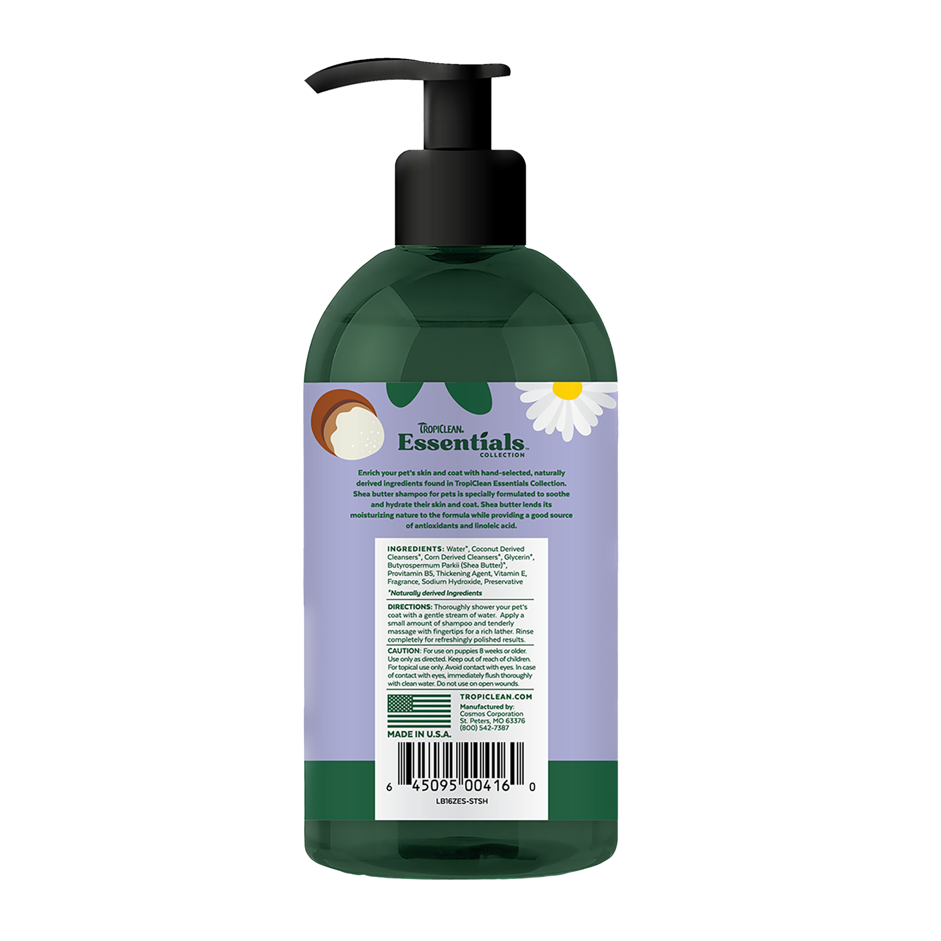 Back view of TropiClean Shea Butter chamomile Pet Shampoo bottle showing label and ingredients for dog and cat grooming