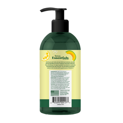 Back view of TropiClean Yuzu Fruit Melon Dog Shampoo bottle with ingredient and usage details