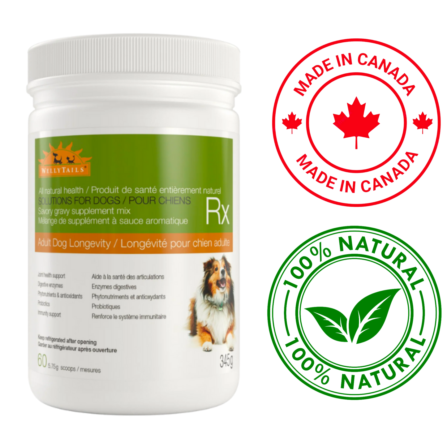 Wellytails adult dog longevity supplement natural health powder for joint digestive and immune support