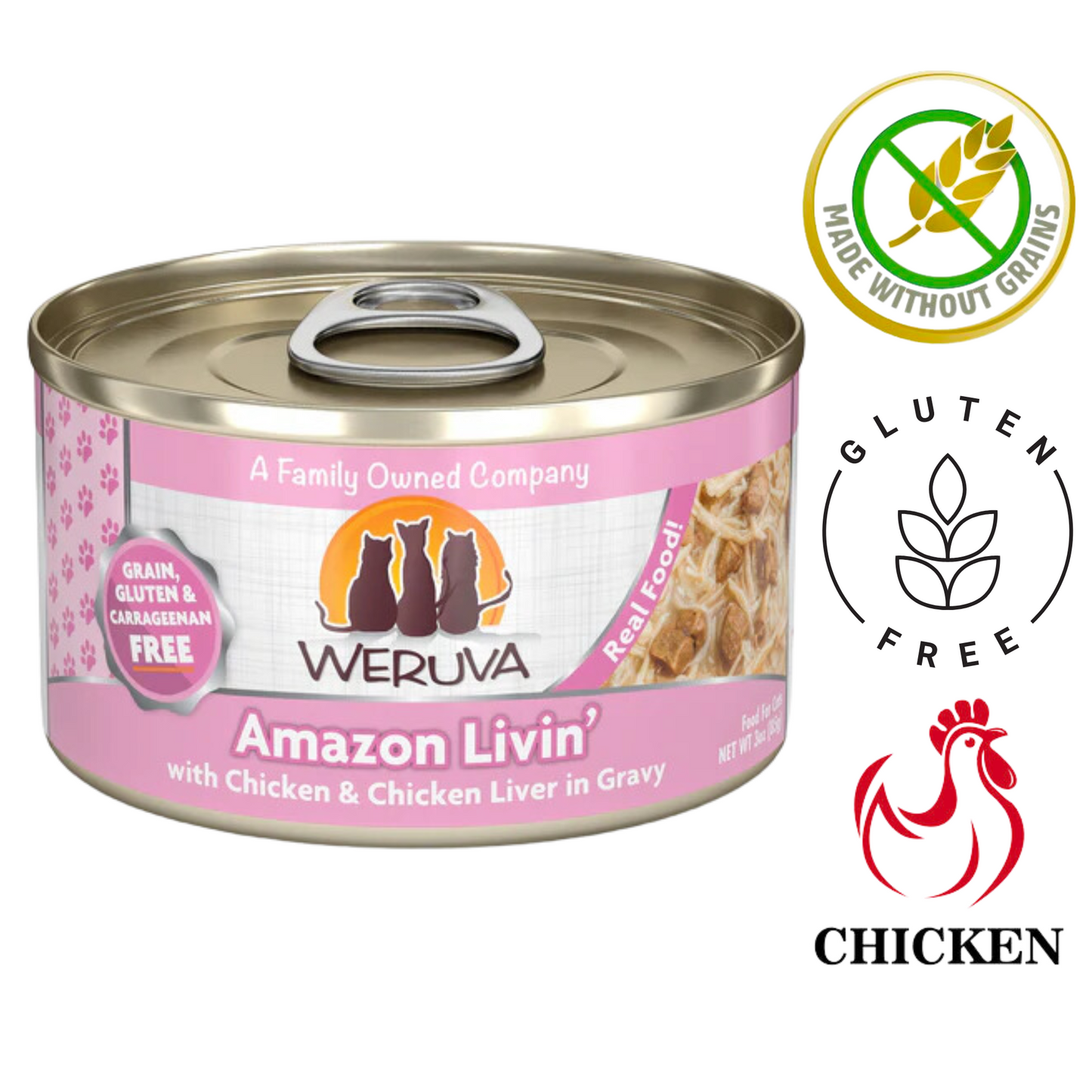 Weruva Amazon Livin cat food canned wet food with chicken and chicken liver in gravy gluten free