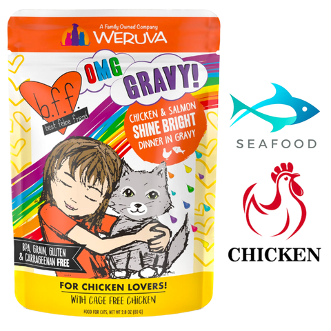 Weruva BFF Shine Bright cat food chicken and salmon dinner in gravy with cage free chicken