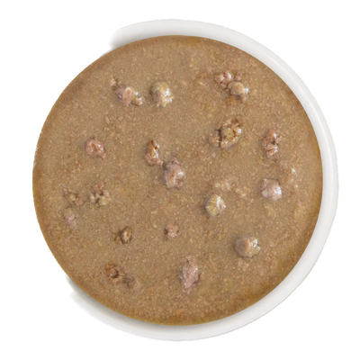 Close-up top view of weruva BFF Shine Bright cat food canned wet food with chunks in gravy