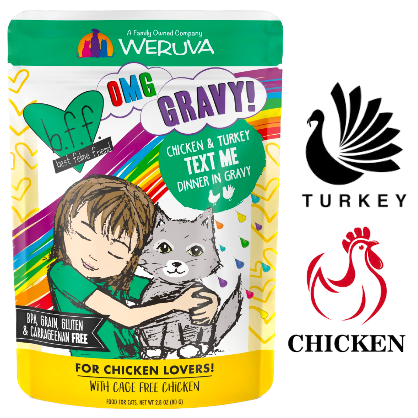 Weruva BFF Text Me cat food chicken and turkey dinner in gravy pouch with colorful design