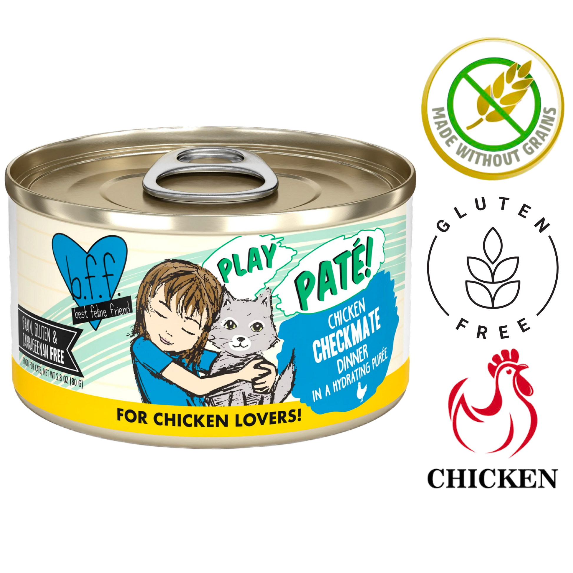 Weruva chicken cat food in a can featuring a playful design and gluten-free label for chicken lovers