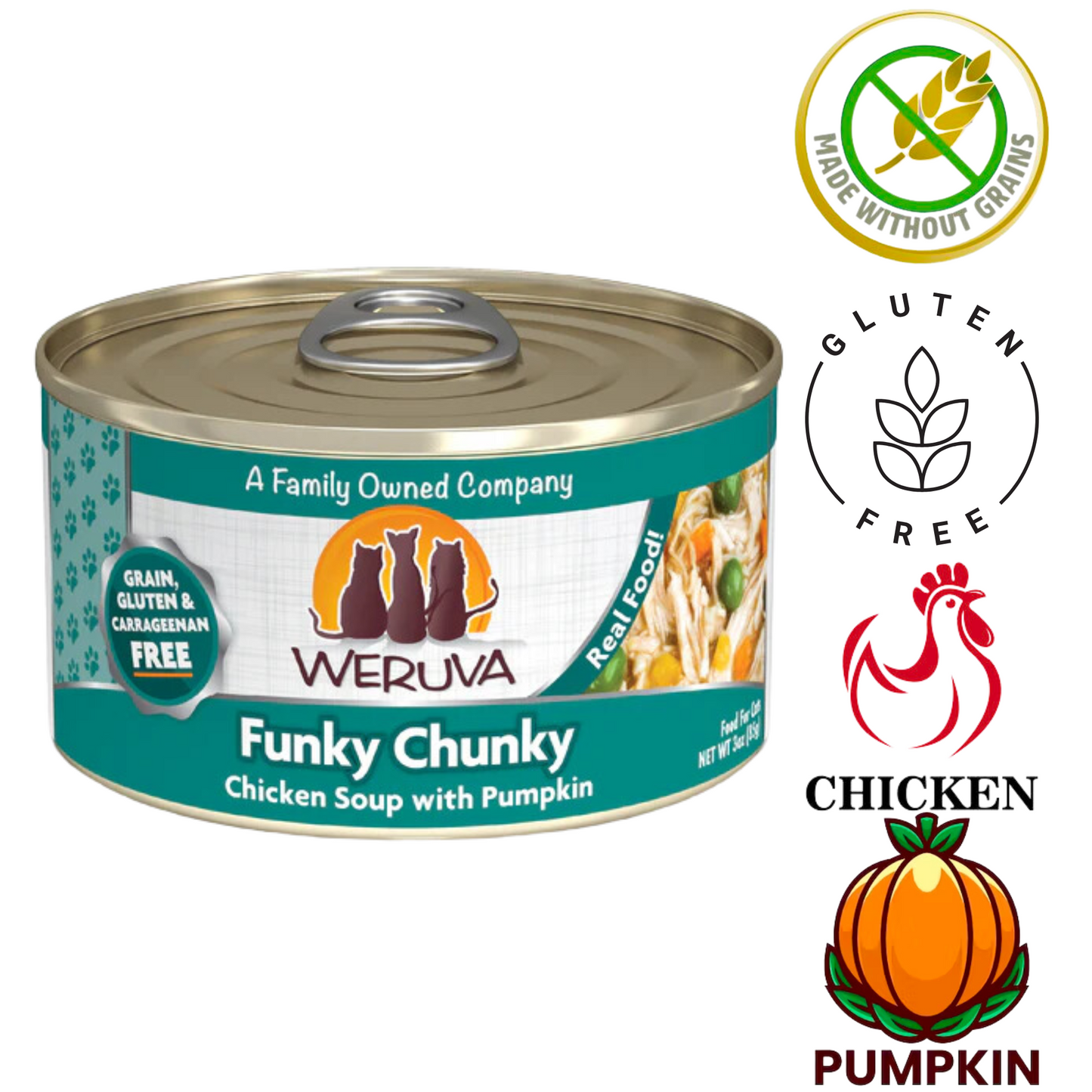 Weruva chicken soup cat food in a can featuring chicken and pumpkin, grain and gluten free formula