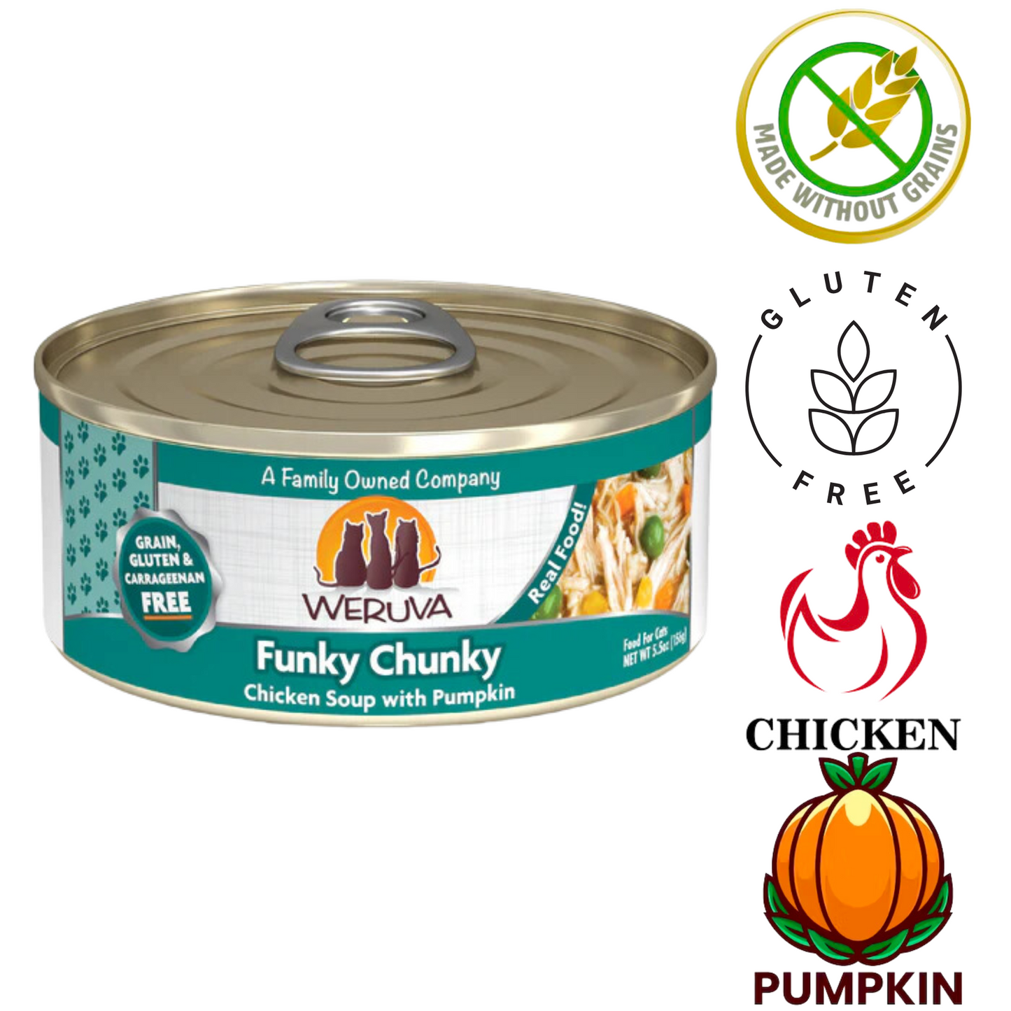 Weruva chicken soup cat food in a can with pumpkin, gluten-free and grain-free formula