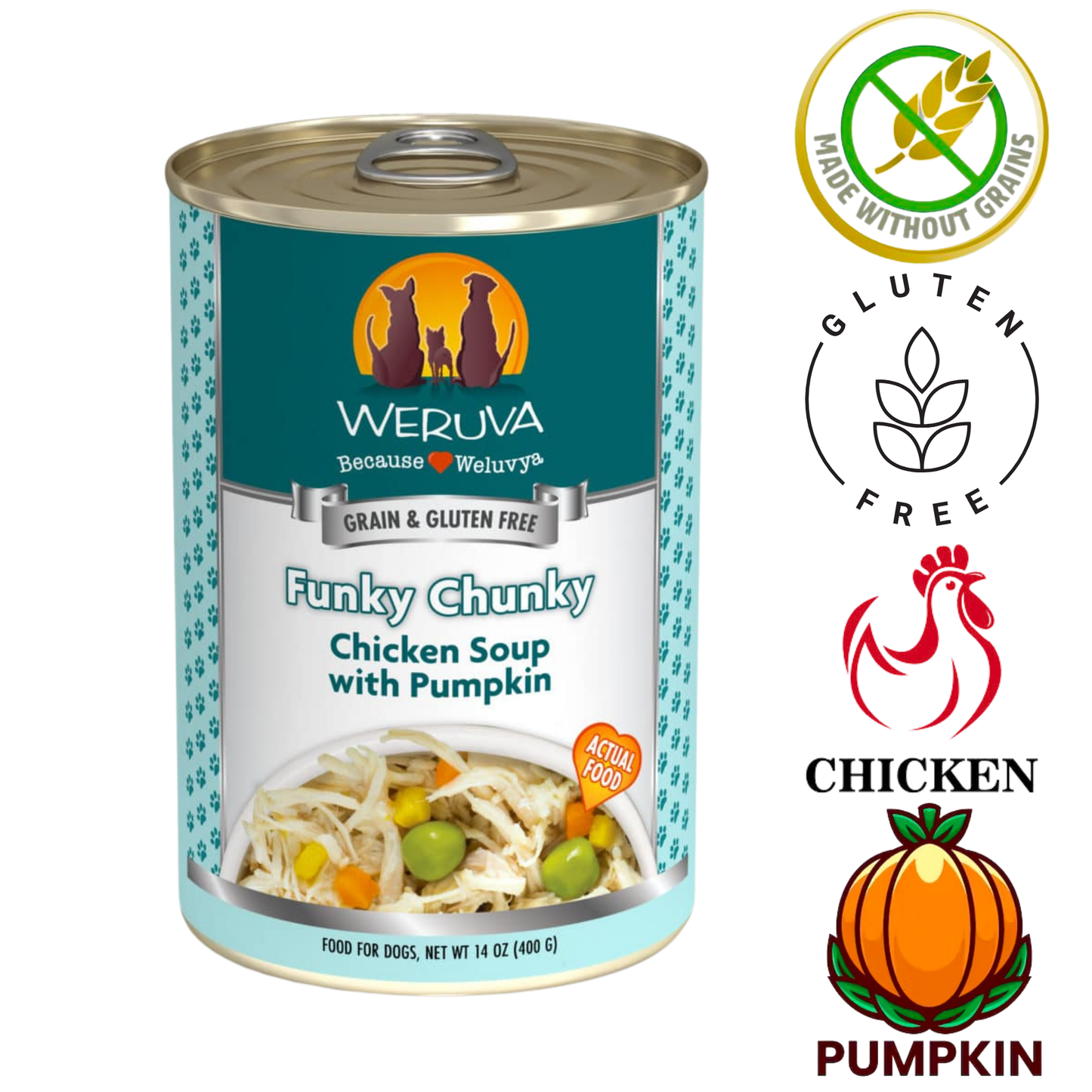 Weruva chicken soup for dogs in a can featuring chicken with pumpkin and gluten-free ingredients