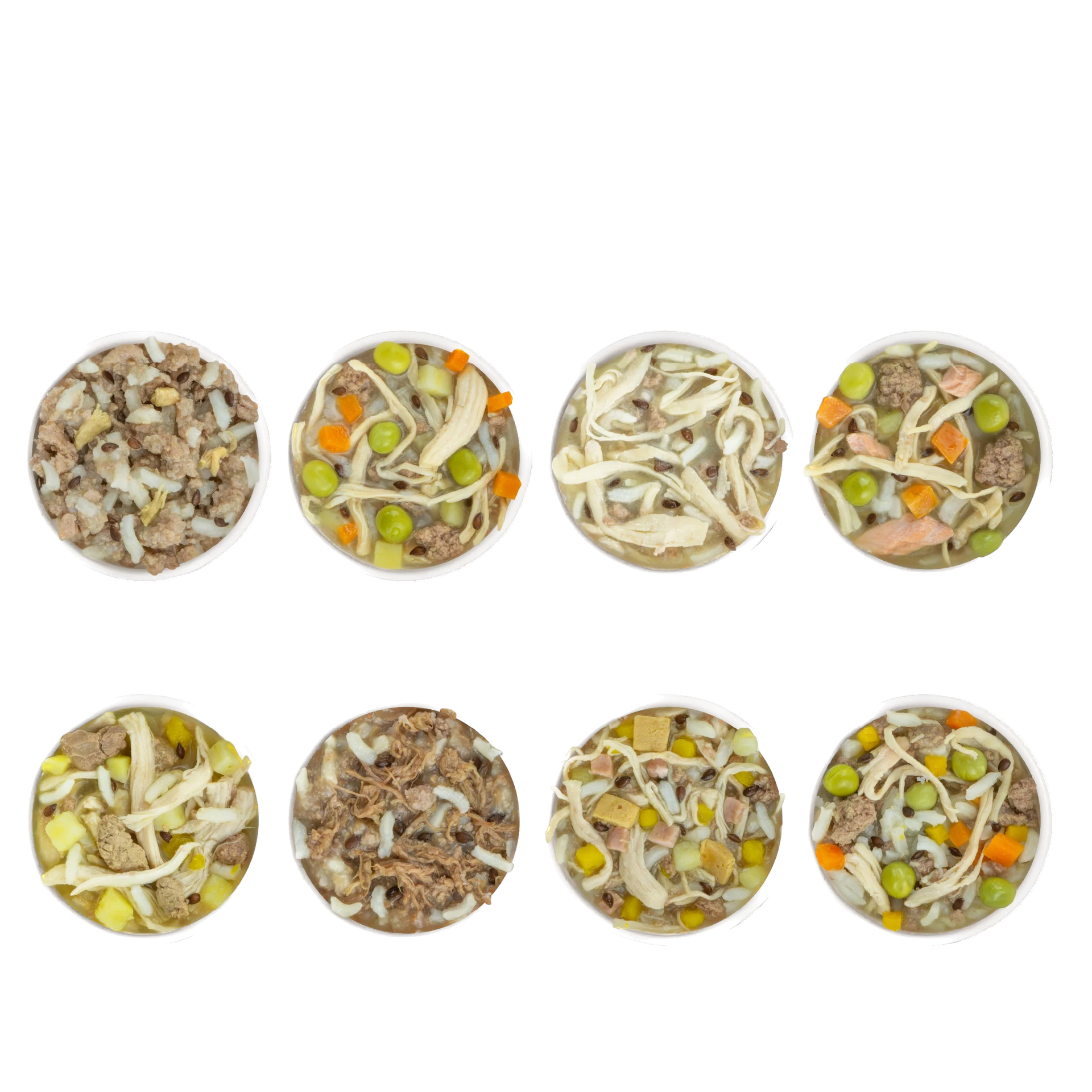 Weruva fun size wet dog food samples showing various meat and vegetable blends in small bowls