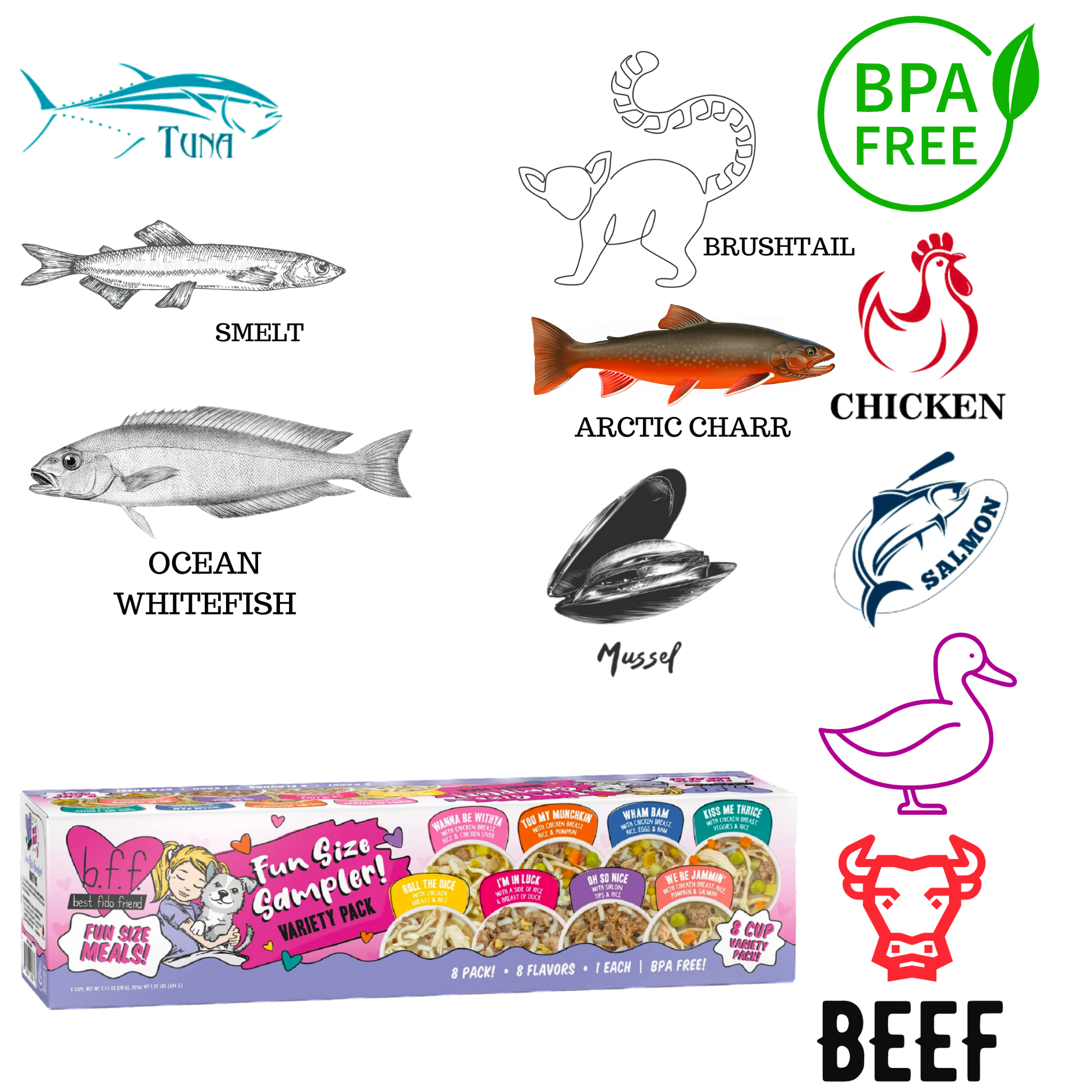 Weruva fun size wet dog food variety pack featuring tuna, smelt, ocean whitefish, brushtail, arctic charr, chicken, salmon, mussel, duck, and beef flavors