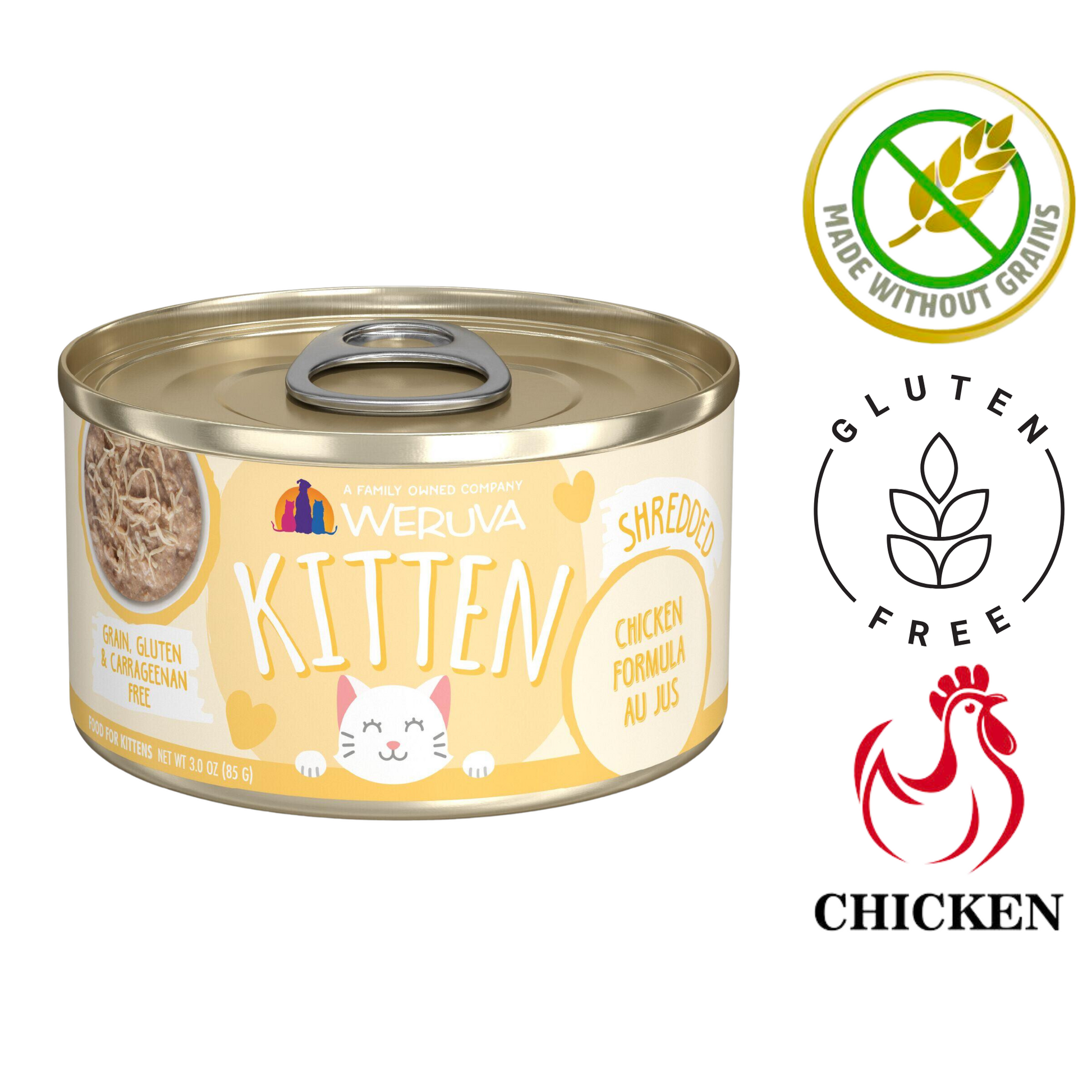 Weruva kitten chicken cat food in a 5.5 oz can featuring shredded chicken for healthy growth