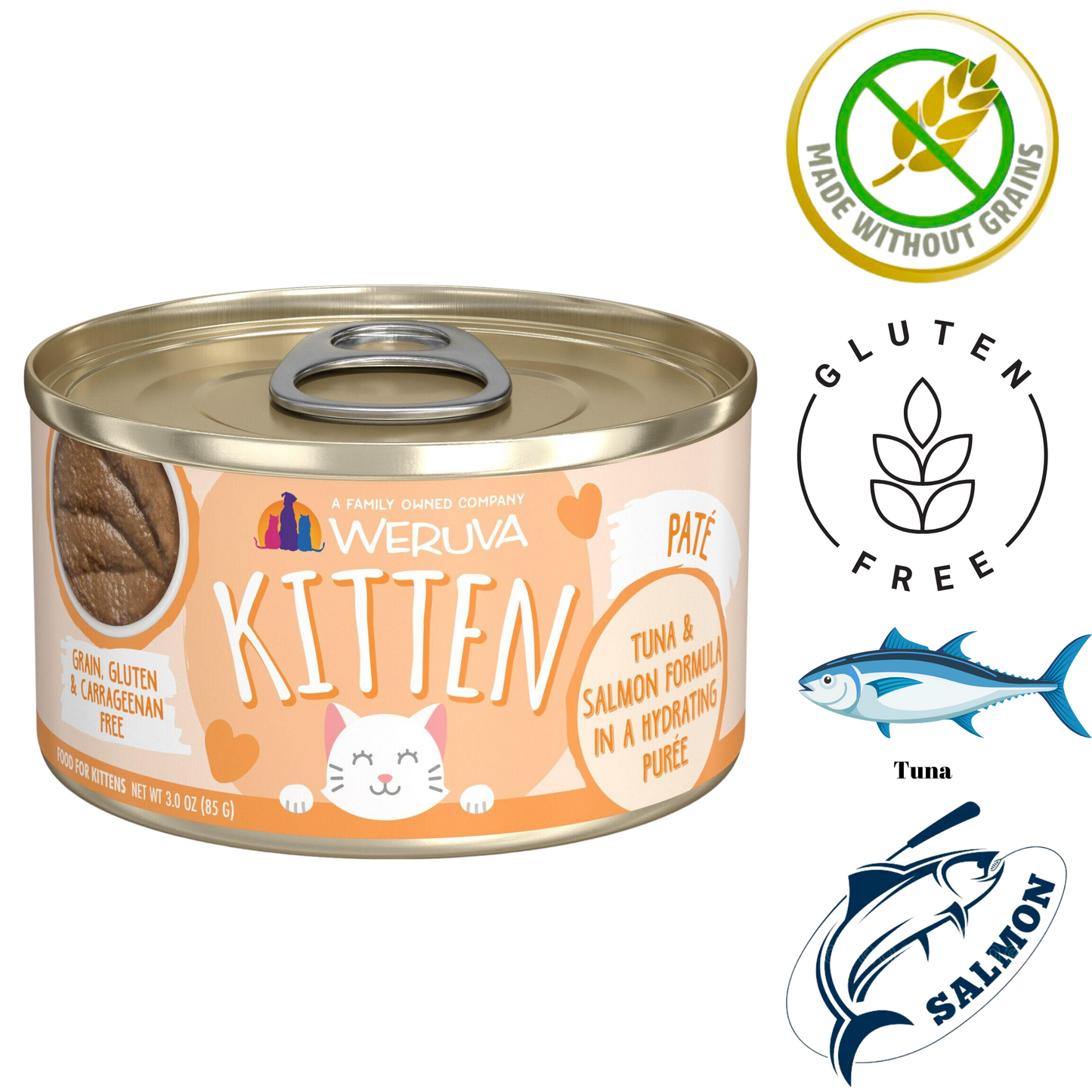 Weruva kitten tuna salmon cat food in a 3 oz can with grain-free and gluten-free labels