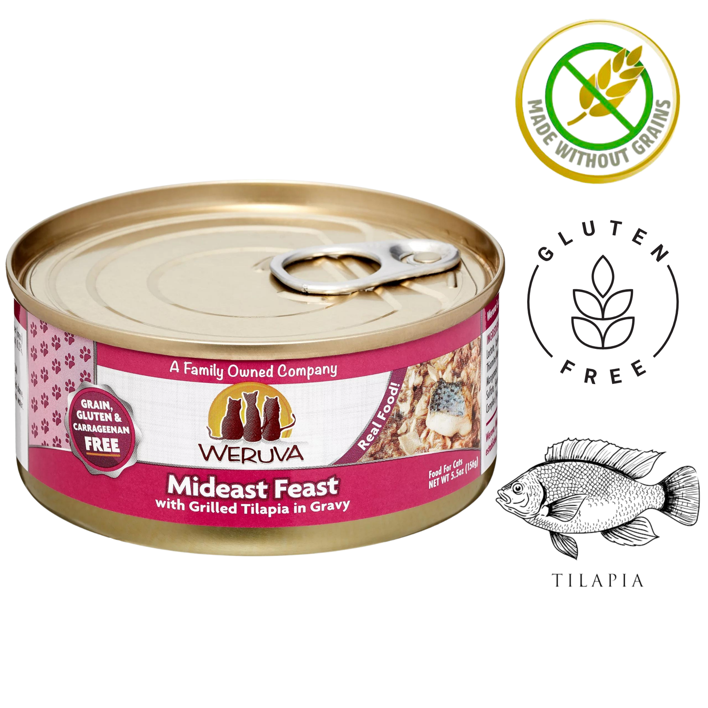 Weruva Mideast Feast cat food with grilled tilapia in gravy, gluten and grain free, family owned