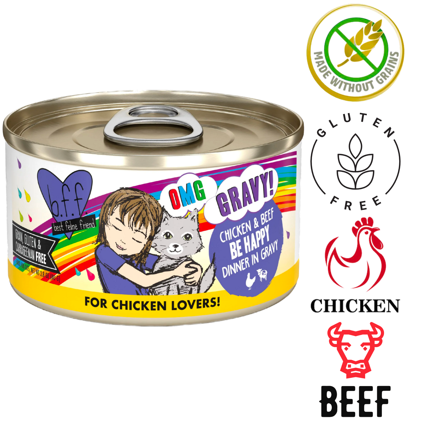 Weruva OMG Be Happy cat food chicken and beef dinner in gravy gluten free made without grains