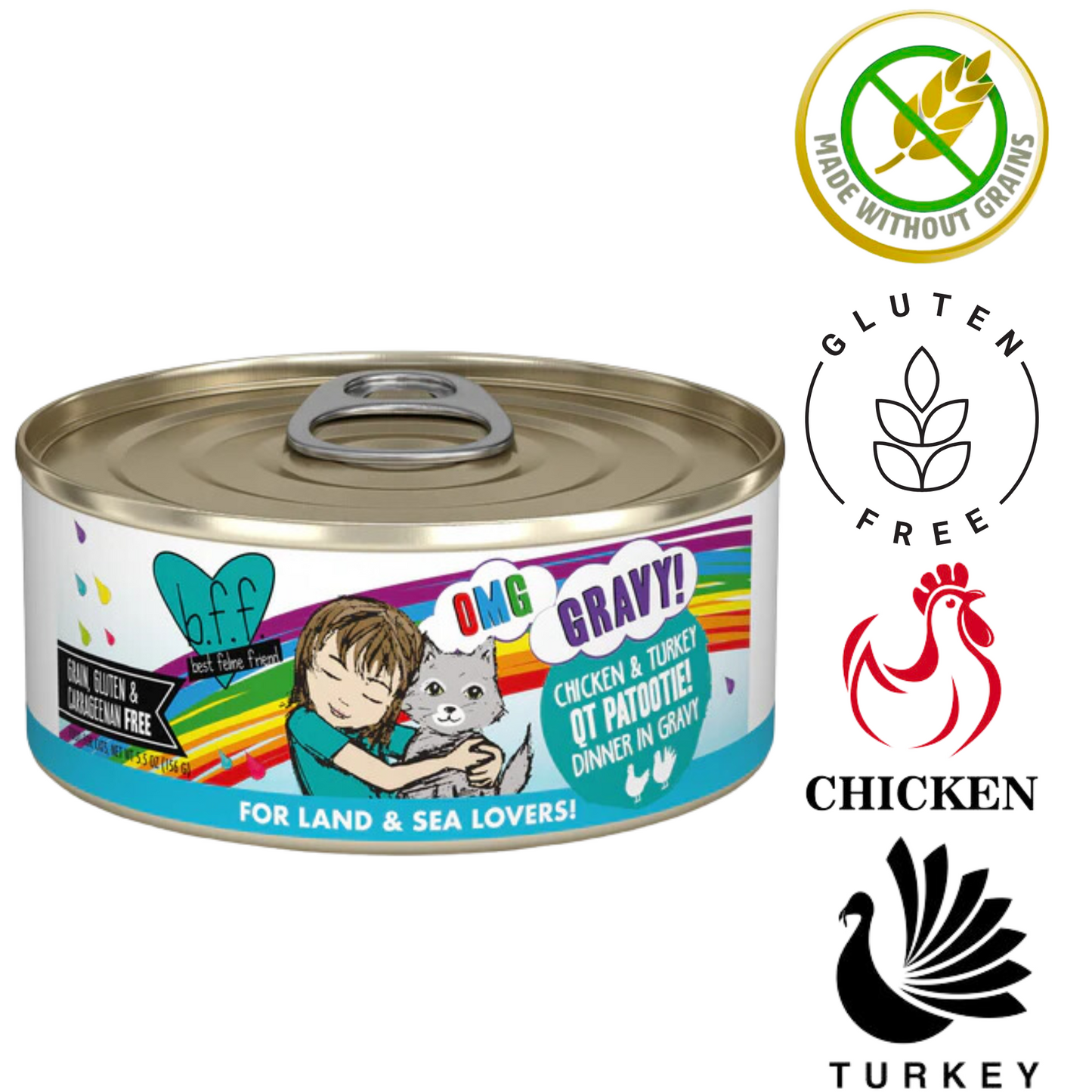 Weruva OMG QT Canned Cat Food featuring chicken and turkey in gravy for gourmet feline dining