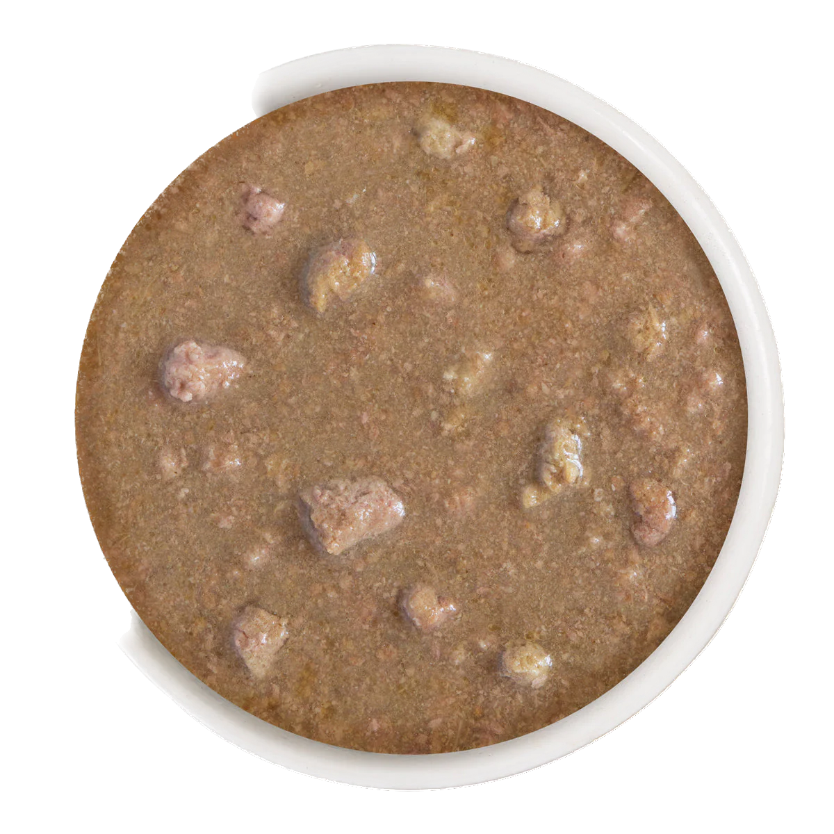Close-up of Weruva omg stir canned cat food showing wet texture with meat chunks in a white container