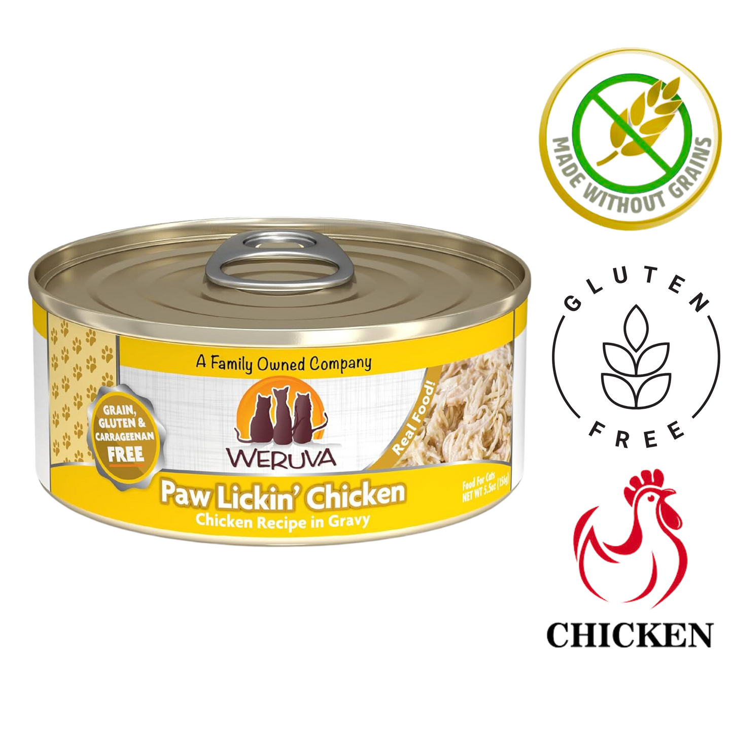 Weruva Paw Lickin' Chicken cat meal in gravy, gluten free and grain free for balanced nutrition