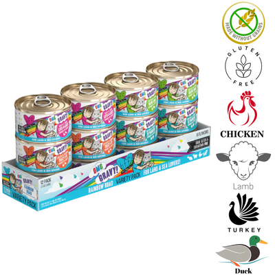 Weruva Rainbow Road cat food variety pack with chicken, lamb, turkey, and duck in 12 cans