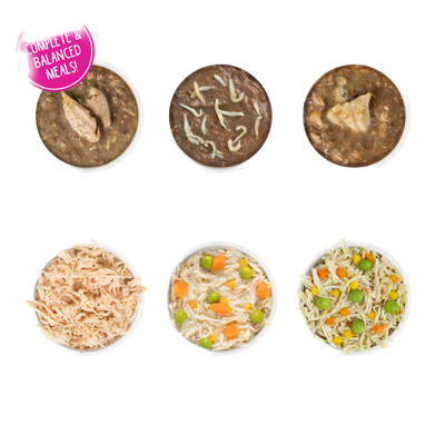 Variety of Weruva Rudis Recipes cat food in bowls including chicken and seafood options
