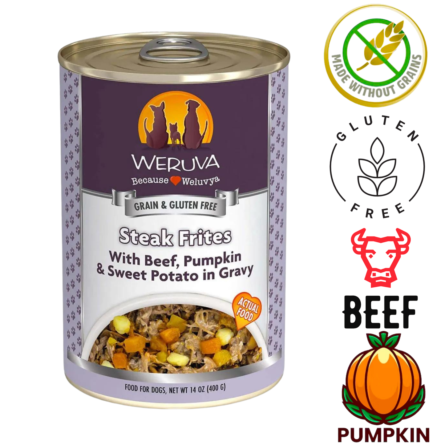 Weruva steak frites dog food in a can with beef, pumpkin, and sweet potato in gravy