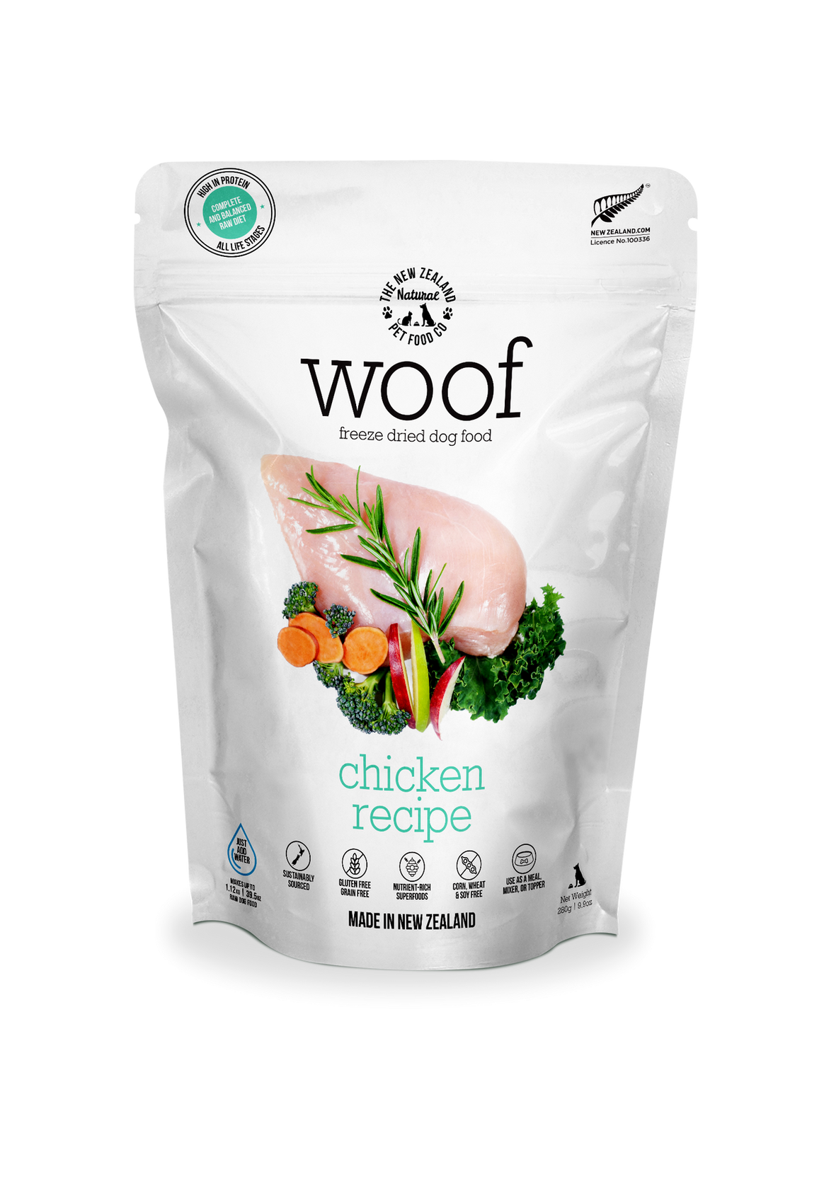 NZPF freeze dried chicken dog food by The New Zealand Pet Food Co in a white pouch with chicken and vegetable image