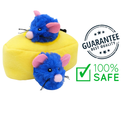Zippyclaws burrow mice cat toy with two blue plush mice and yellow cheese-shaped hideout