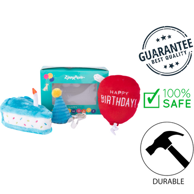 ZippyPaws - 3 Piece Pup Birthday Box Dog Toy set with plush cake, party hat, and balloon for dogs