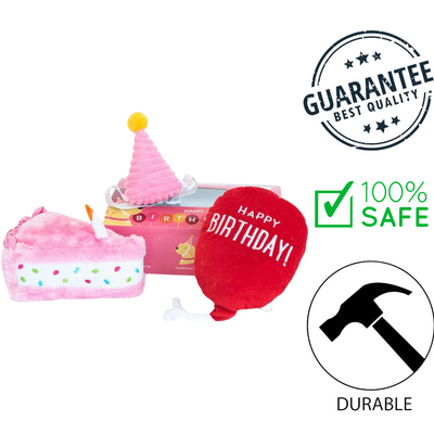 ZippyPaws - 3 Piece Pup Birthday Box Dog Toy set with plush birthday cake, party hat, and Happy Birthday balloon
